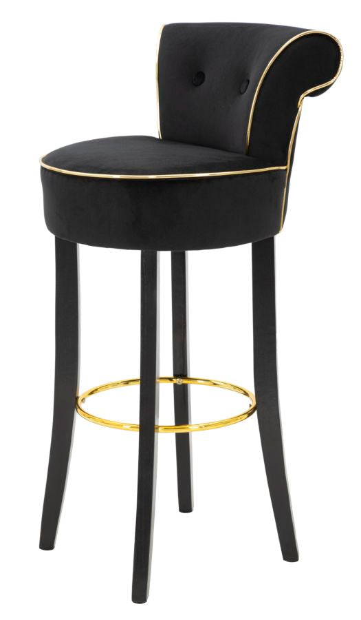 Tabouret de bar en velours noir avec pieds en bois noir et détails dorés