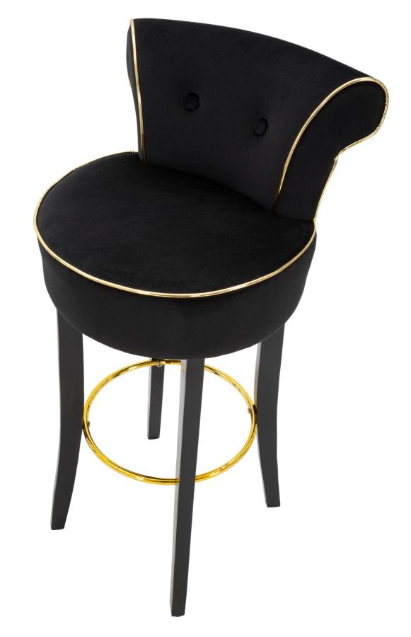 Tabouret de bar en velours noir avec pieds en bois noir et détails dorés