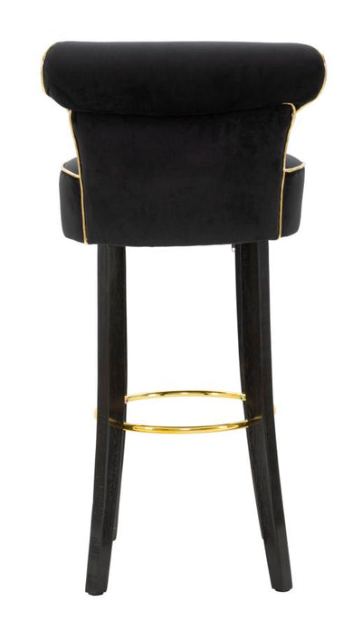 Tabouret de bar en velours noir avec pieds en bois noir et détails dorés