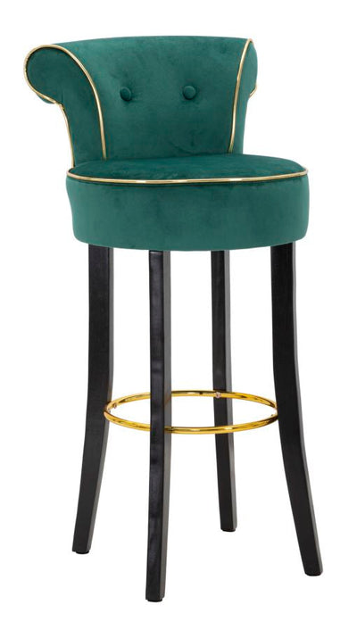 Tabouret de bar en velours vert avec pieds en bois noir et détails dorés