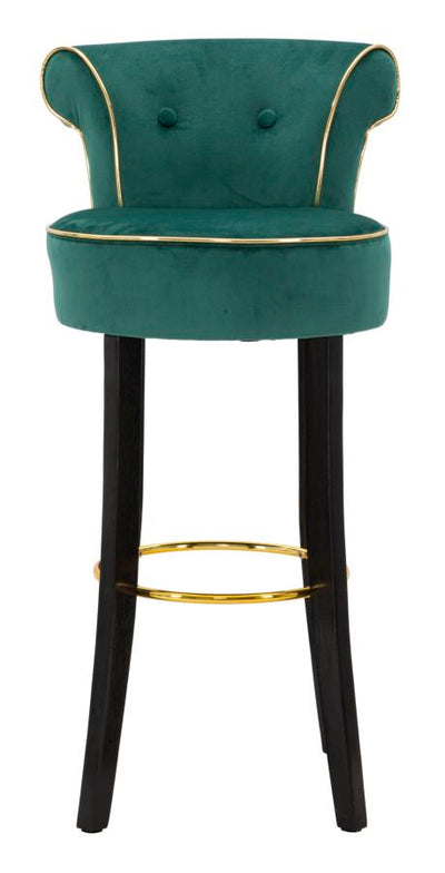 Tabouret de bar en velours vert avec pieds en bois noir et détails dorés