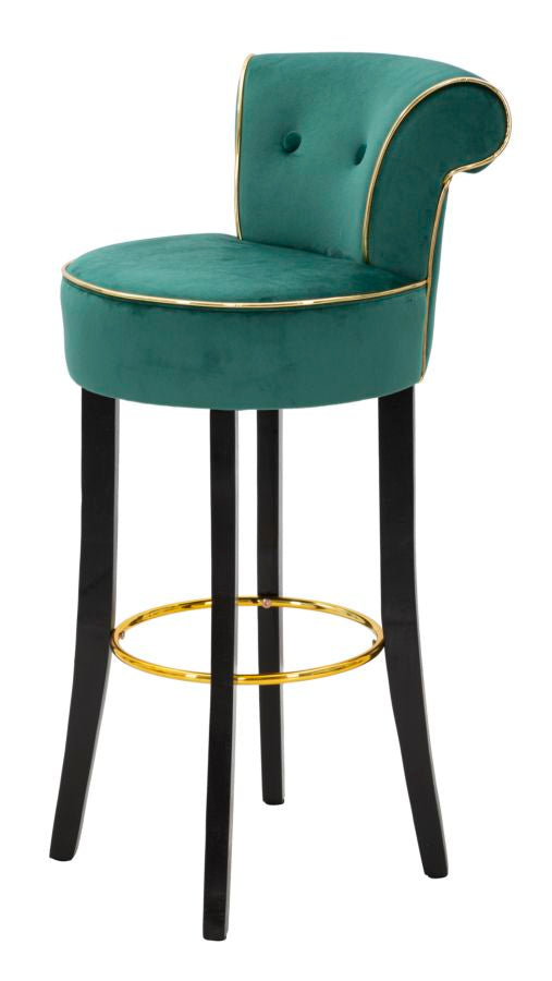 Tabouret de bar en velours vert avec pieds en bois noir et détails dorés