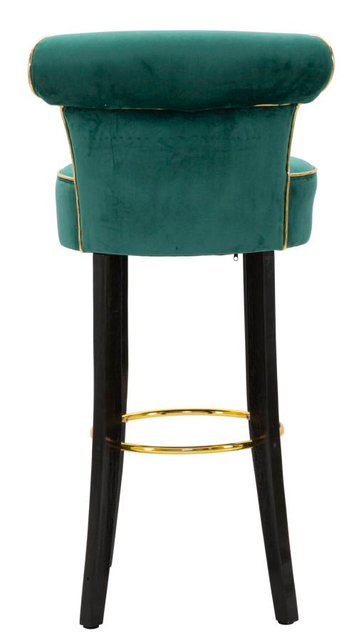 Tabouret de bar en velours vert avec pieds en bois noir et détails dorés