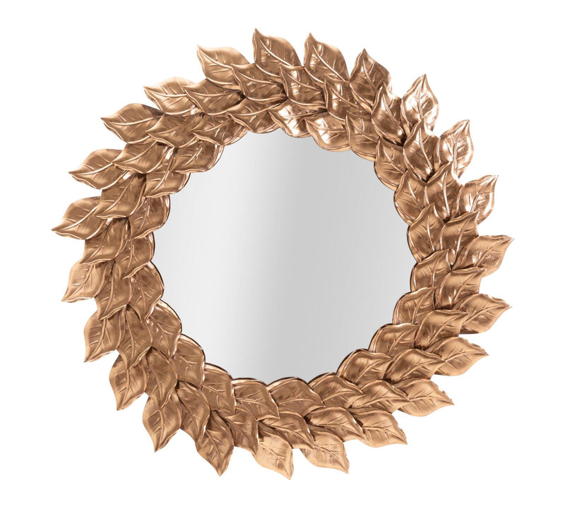 Miroir mural rond avec feuilles en métal doré