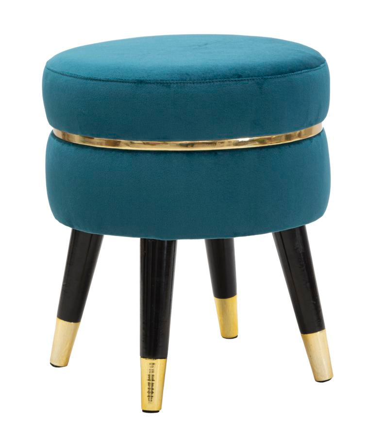 Petit tabouret en velours bleu et doré avec pieds noirs