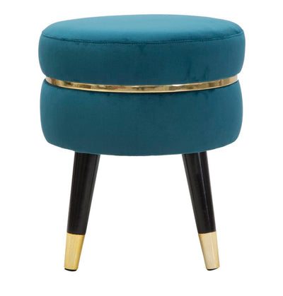 Petit tabouret en velours bleu et doré avec pieds noirs