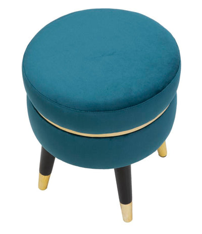 Petit tabouret en velours bleu et doré avec pieds noirs