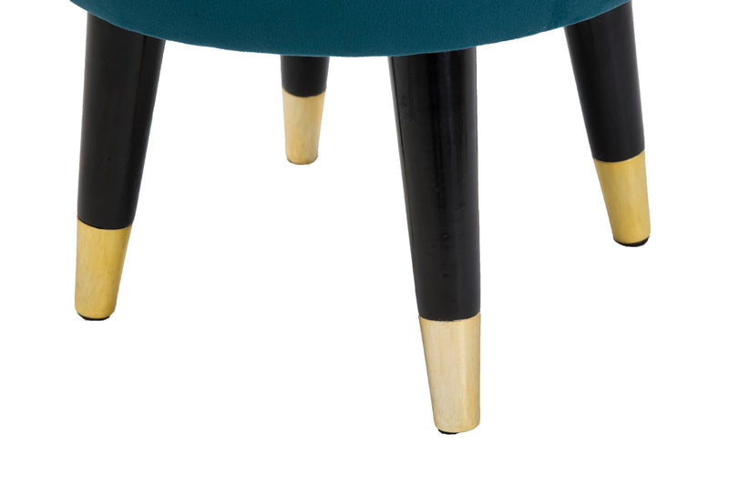 Petit tabouret en velours bleu et doré avec pieds noirs