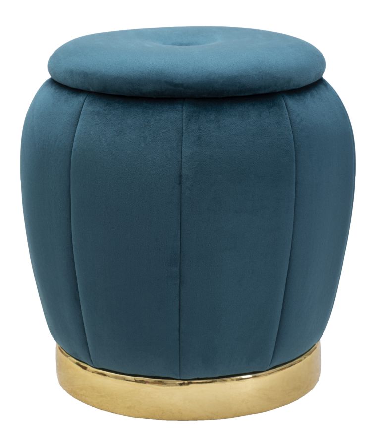 Pouf de rangement en velours bleu et doré