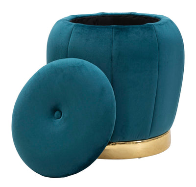 Pouf de rangement en velours bleu et doré