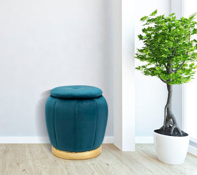 Pouf de rangement en velours bleu et doré