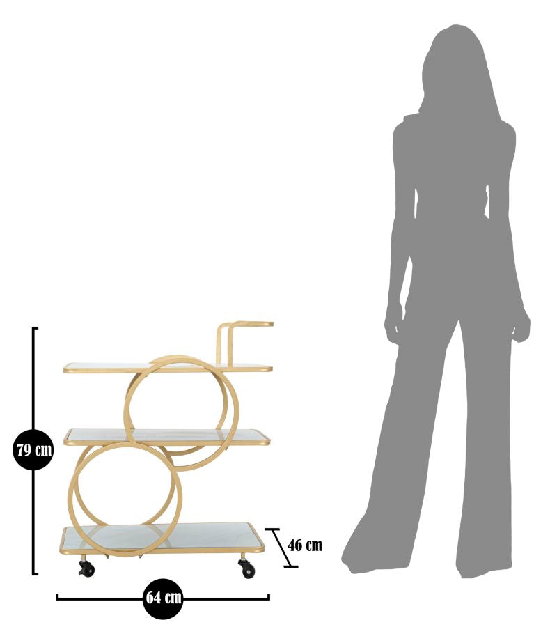 Chariot à aliments en métal et verre doré avec 3 étagères