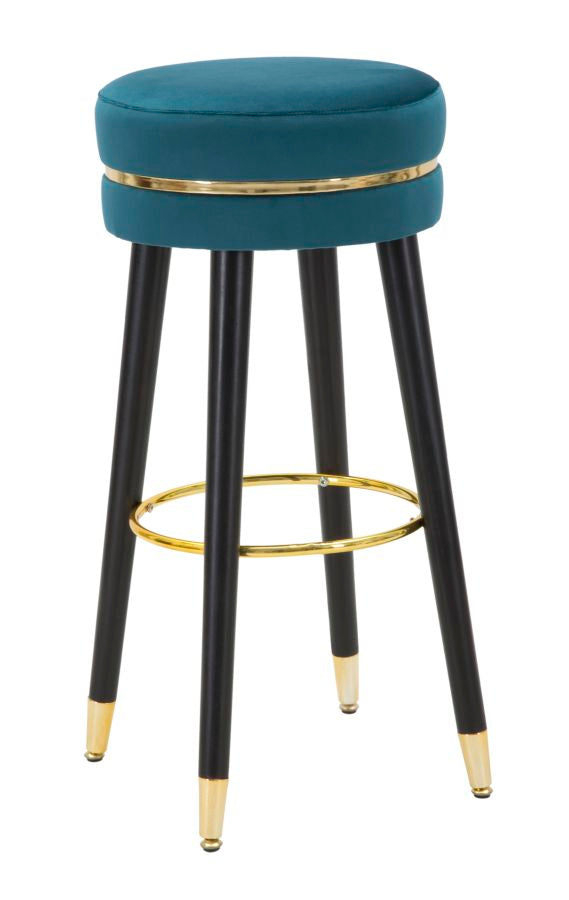 Tabouret de bar en velours bleu et doré avec pieds noirs