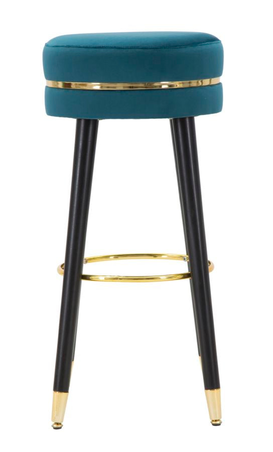 Tabouret de bar en velours bleu et doré avec pieds noirs