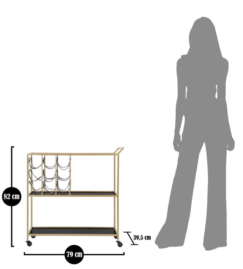 Chariot alimentaire en métal et verre noir doré avec porte-bouteille et roues