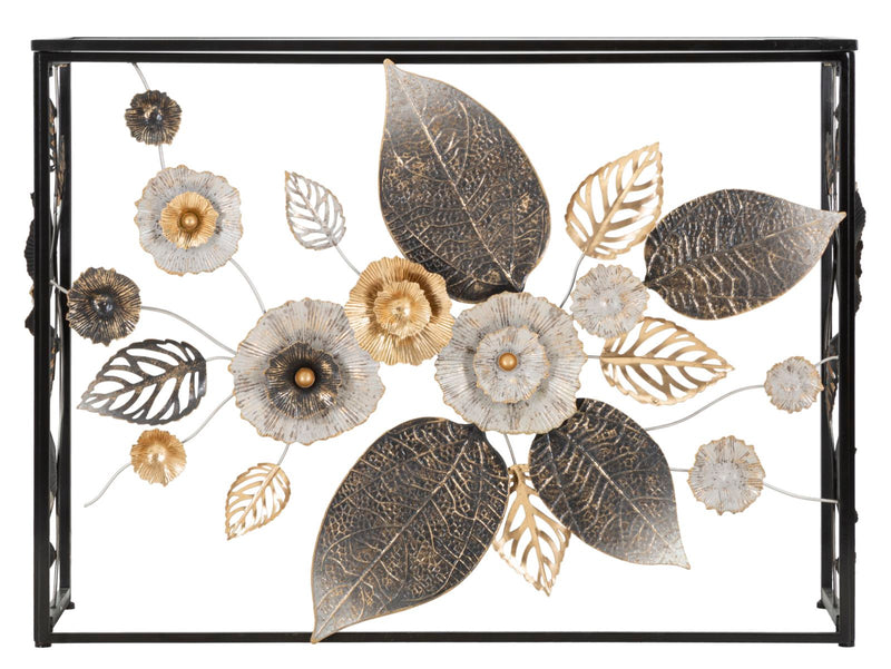 Table console en métal noir et verre avec décor de feuilles et de fleurs