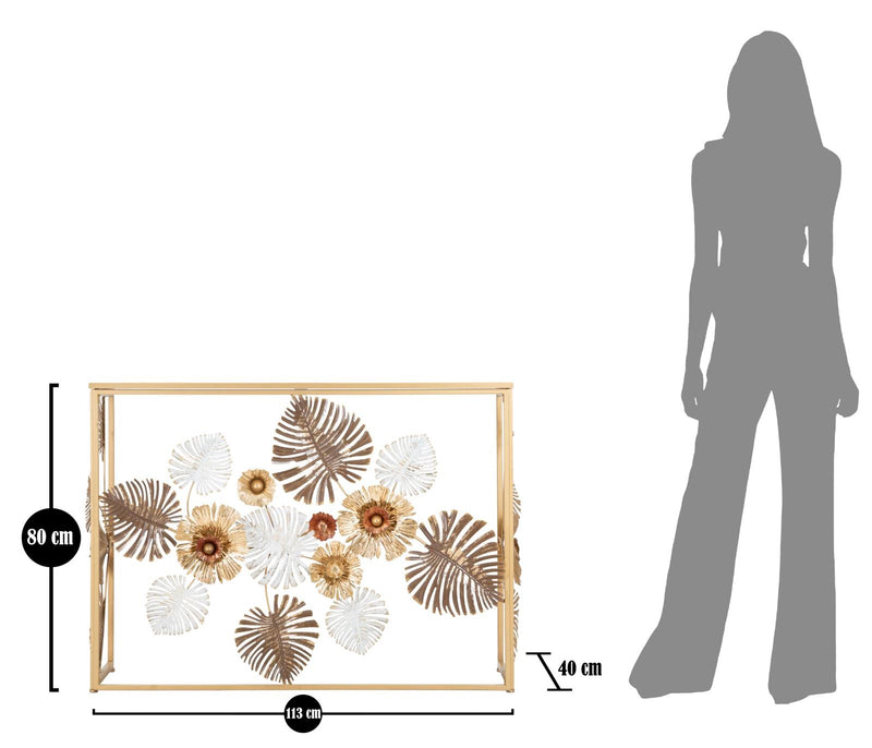 Table console en métal doré et verre avec décor de feuilles et de fleurs