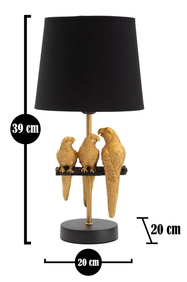 Lampe de table noire avec perroquets dorés