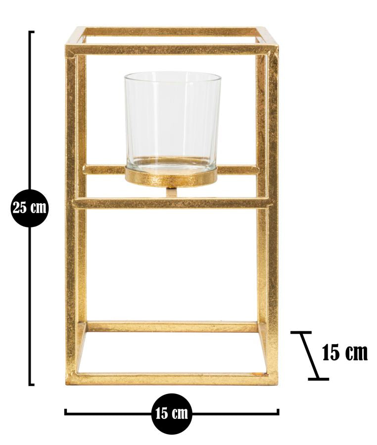 Bougeoir carré en métal et verre doré