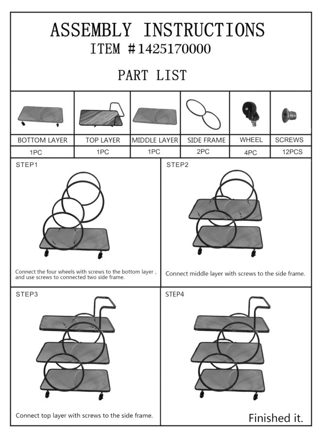 Chariot à aliments en métal et verre doré avec 3 étagères