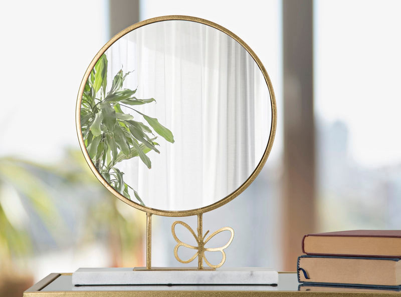 Miroir de table rond en métal avec décor de petits papillons