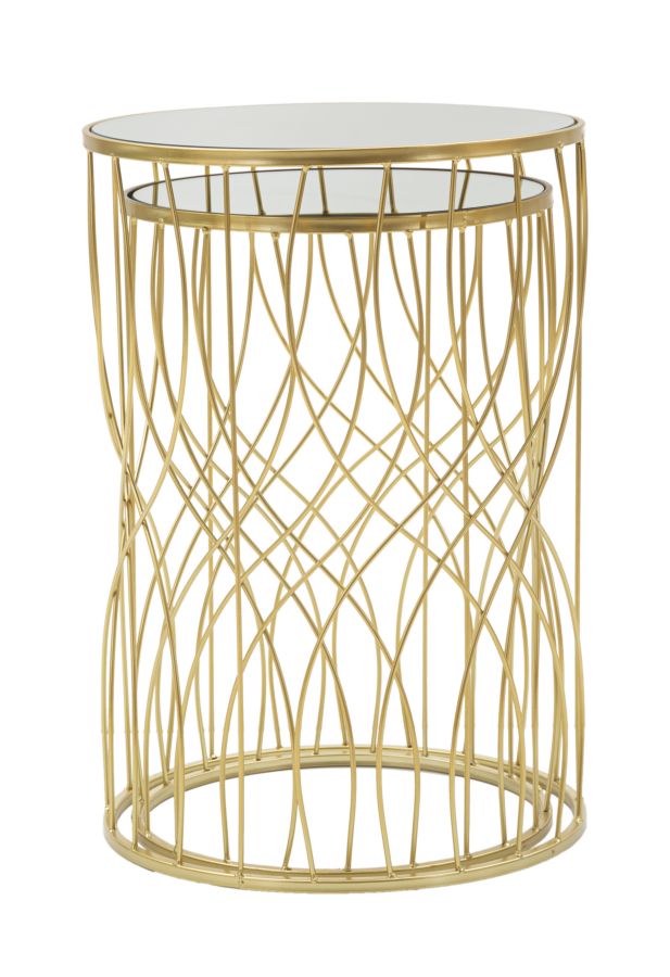 Table d’appoint ronde en métal doré et verre avec lignes géométriques (paire)