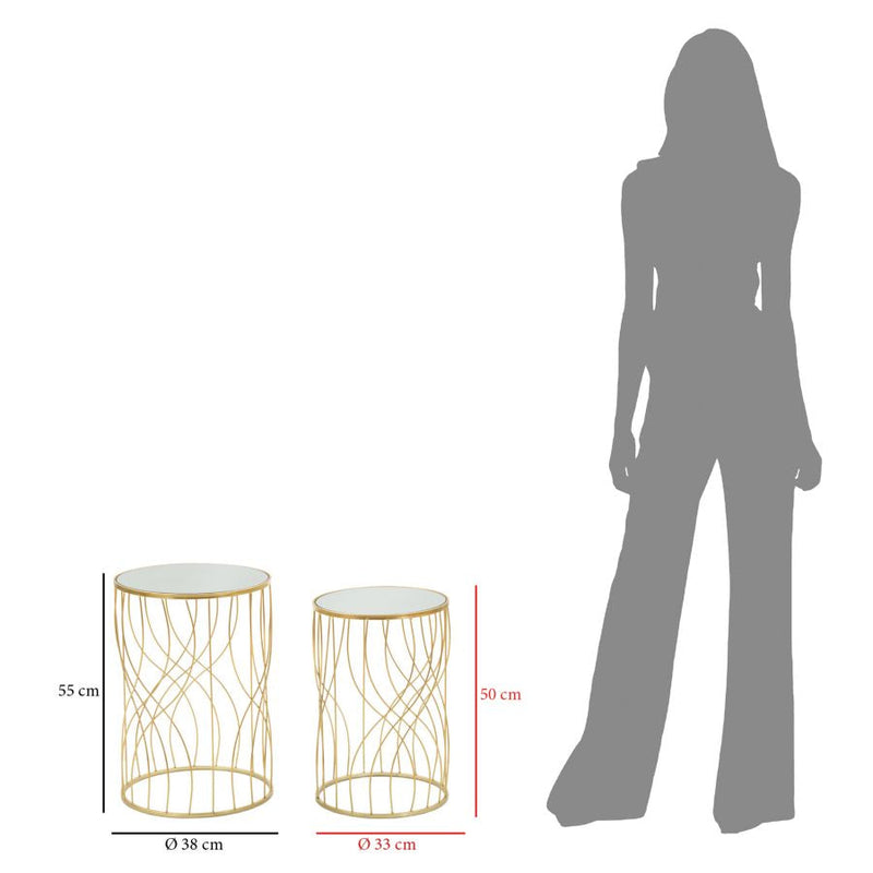 Table d’appoint ronde en métal doré et verre avec lignes géométriques (paire)