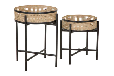 Lot de 2 tables d'appoint rondes avec plateau en bois et base en métal – Fuji