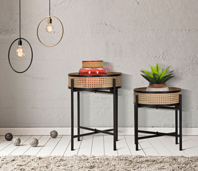 Lot de 2 tables d'appoint rondes avec plateau en bois et base en métal – Fuji