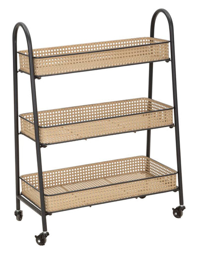 Chariot à 3 niveaux en rotin avec structure en métal doré – Chariot de service Fuji