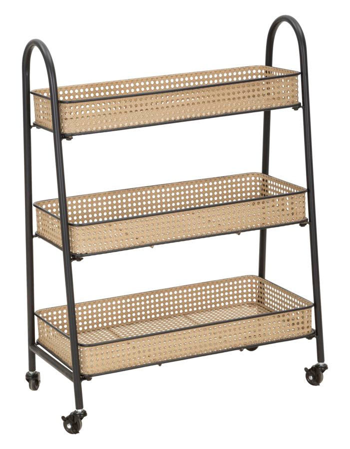 Chariot à 3 niveaux en rotin avec structure en métal doré – Chariot de service Fuji
