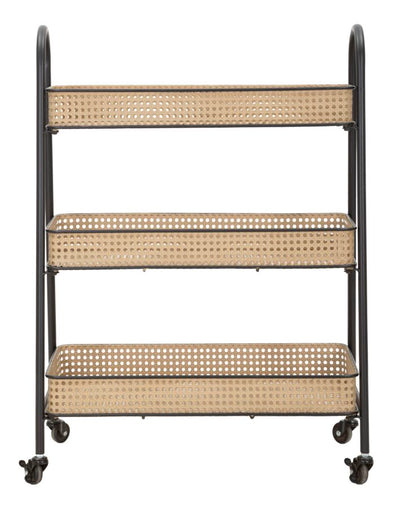 Chariot à 3 niveaux en rotin avec structure en métal doré – Chariot de service Fuji