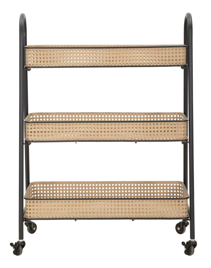 Chariot à 3 niveaux en rotin avec structure en métal doré – Chariot de service Fuji