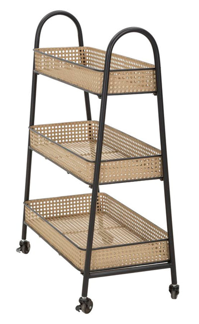 Chariot à 3 niveaux en rotin avec structure en métal doré – Chariot de service Fuji