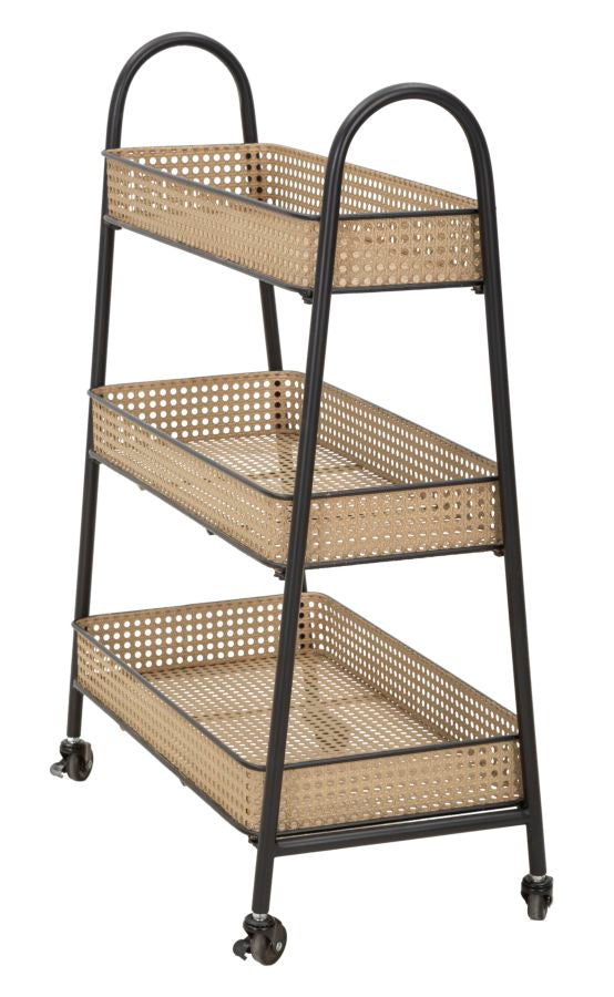 Chariot à 3 niveaux en rotin avec structure en métal doré – Chariot de service Fuji