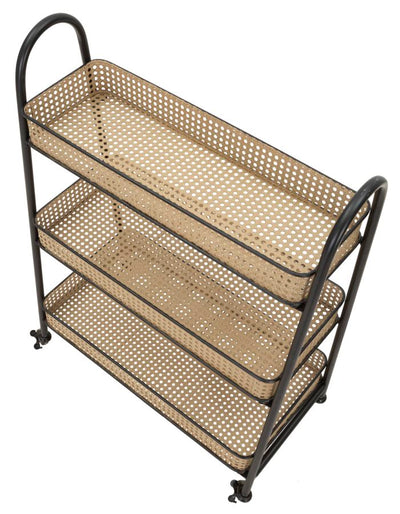 Chariot à 3 niveaux en rotin avec structure en métal doré – Chariot de service Fuji