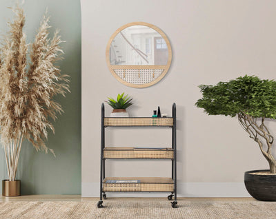 Chariot à 3 niveaux en rotin avec structure en métal doré – Chariot de service Fuji