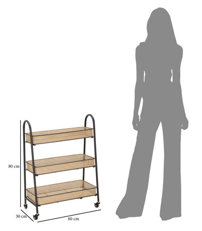 Chariot à 3 niveaux en rotin avec structure en métal doré – Chariot de service Fuji