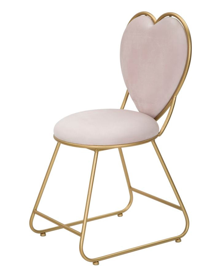 Chaise en velours rose en forme de cœur avec pieds en métal doré