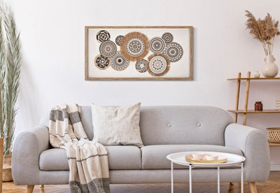 Peinture sur toile beige avec cercles géométriques