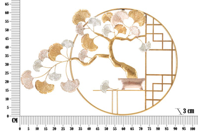 Décoration murale en forme de cerisier japonais doré dans un cadre rond