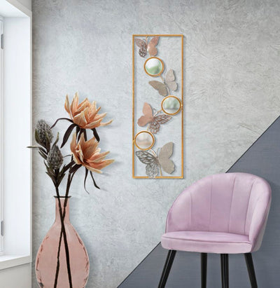 Miroirs ronds en métal avec papillons dans un cadre carré - décoration murale