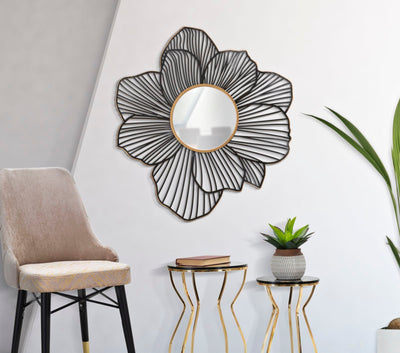 Miroir mural rond avec fleurs en métal noir