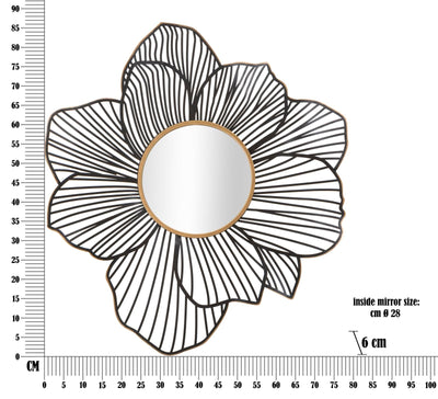 Miroir mural rond avec fleurs en métal noir