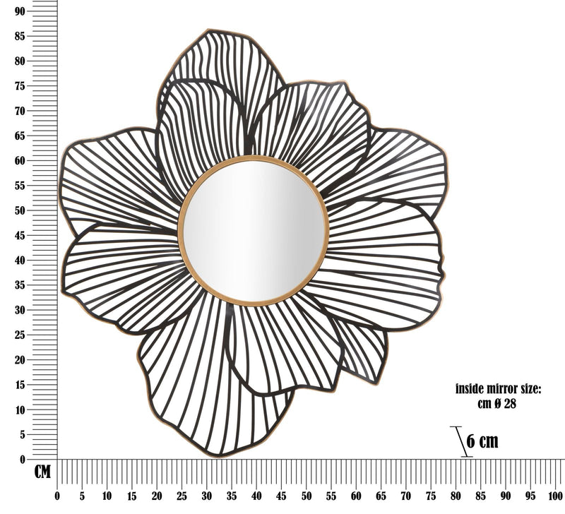 Miroir mural rond avec fleurs en métal noir