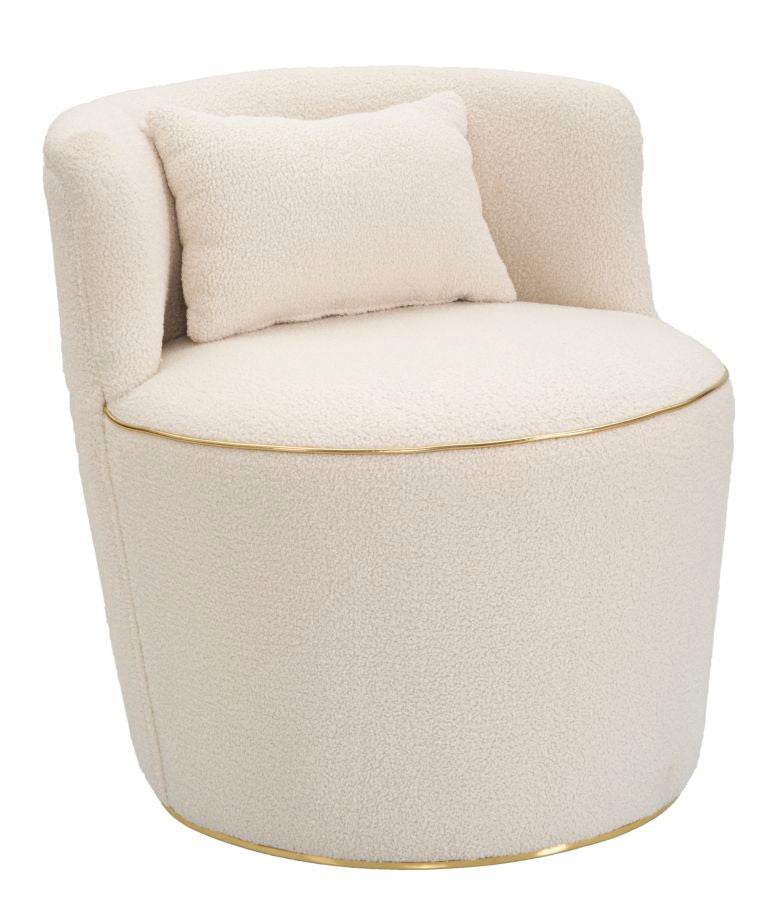 Fauteuil rond crème avec coussin et détails dorés