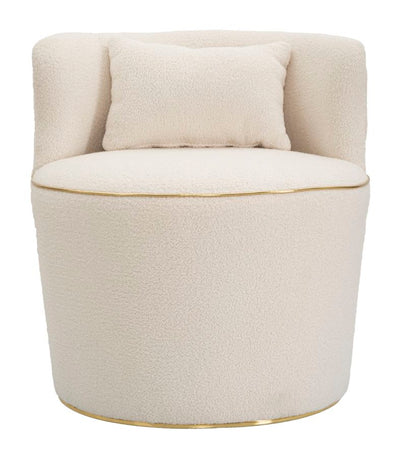 Fauteuil rond crème avec coussin et détails dorés