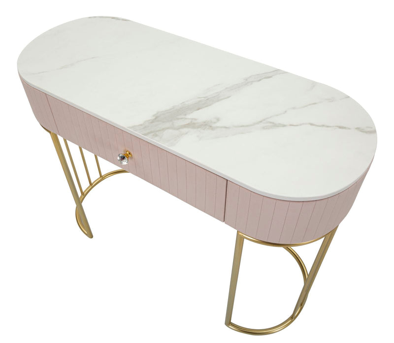 Table console rose avec pieds en métal doré