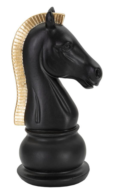 Pièce d’échecs en forme de cheval noir et doré (sculpture moderne)