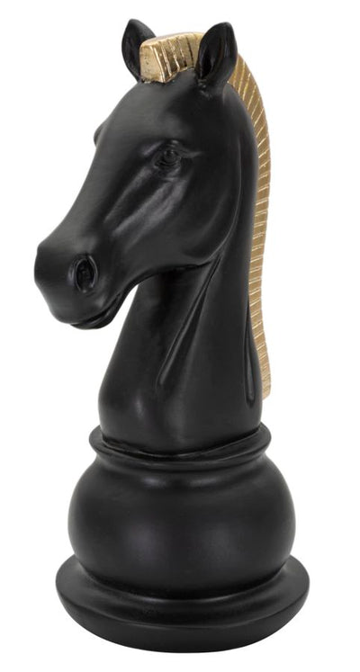 Pièce d’échecs en forme de cheval noir et doré (sculpture moderne)